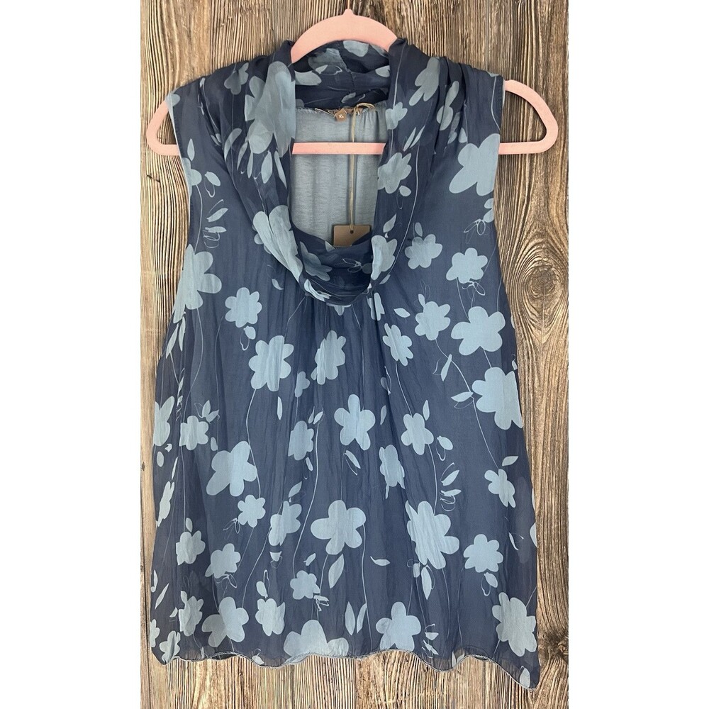 Carla Conti Womens XL Blue Floral Silk Top Blouse Cowl Neck Feminine Coquette